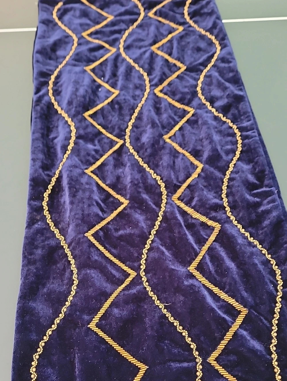 Handcrafted Royal Blue Velvet Gold Geometric Bead Design Lumbar Cushion Cover